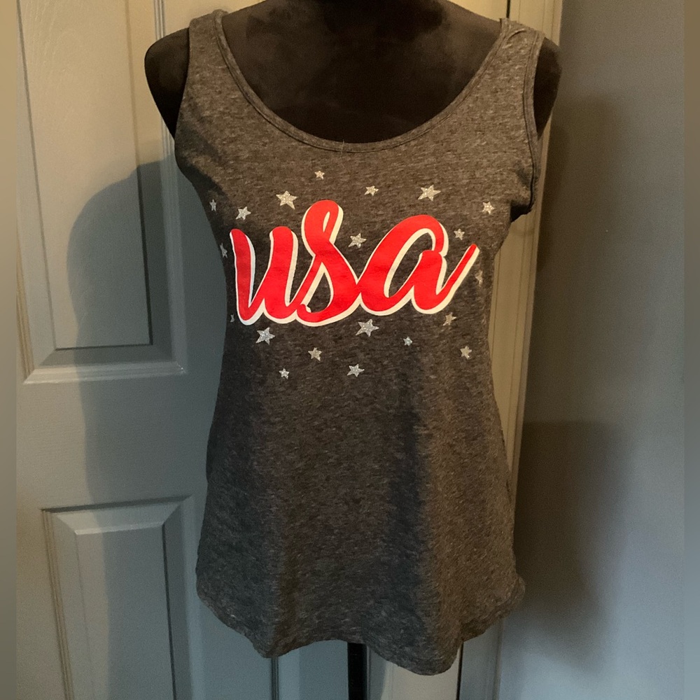 Made in the USA small gray tank w/ red and white “USA” on front w/ glitter stars